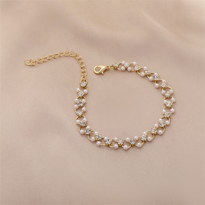 Clear Cubic Zirconia and Pearl 18K Gold-Plated Circle Bracelet, gold bracelet for women, dainty minimalist design, front view