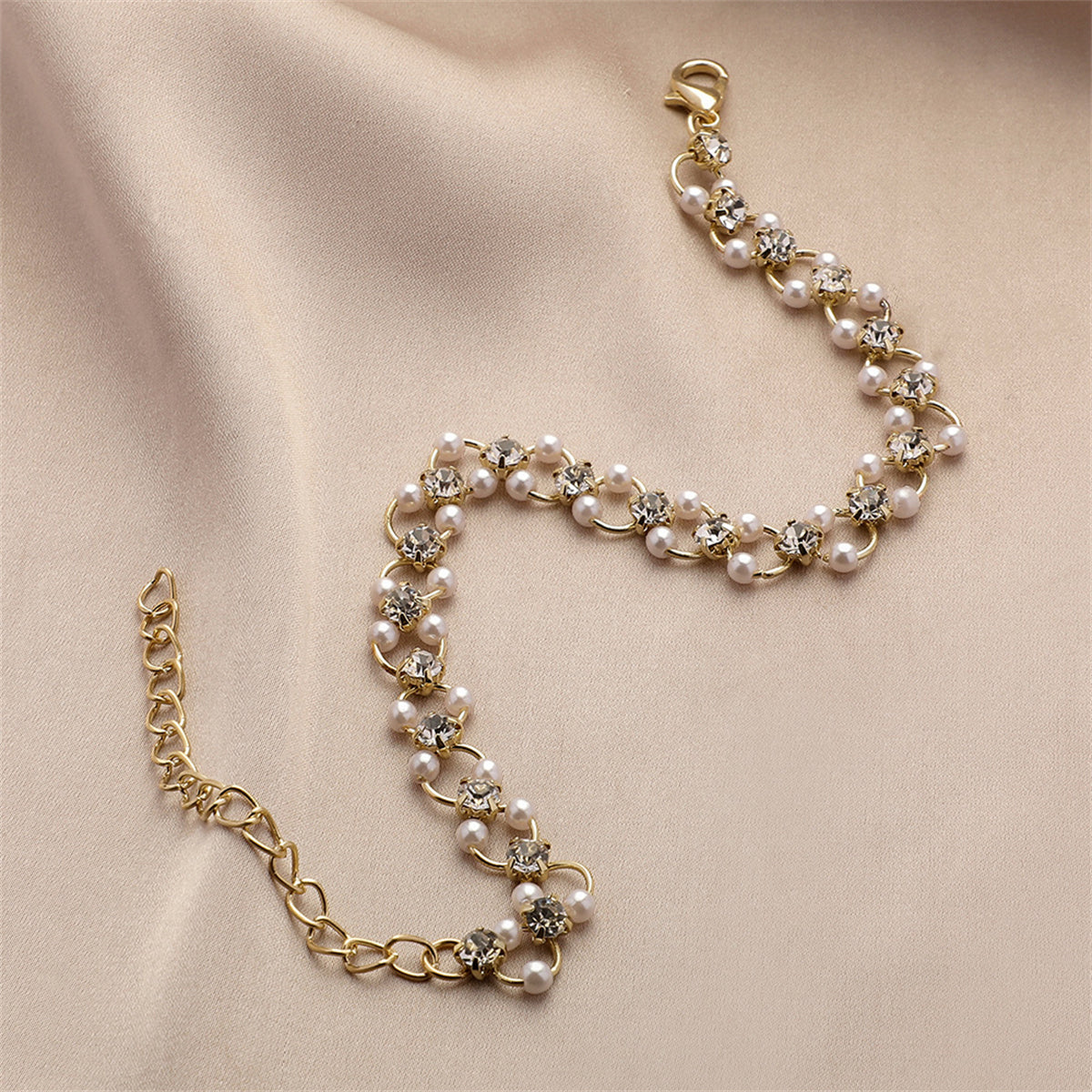 Clear Cubic Zirconia and Pearl 18K Gold-Plated Circle Bracelet, gold bracelet for women, lifestyle look