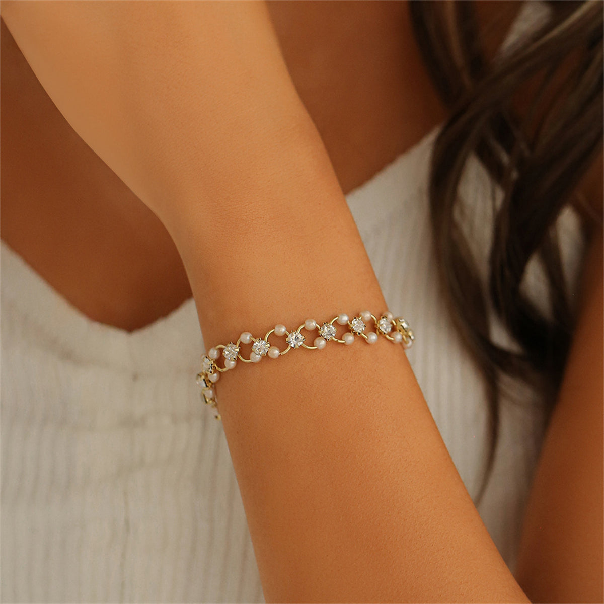 Clear Cubic Zirconia and Pearl 18K Gold-Plated Circle Bracelet, gold bracelet for women, dainty minimalist design, side view