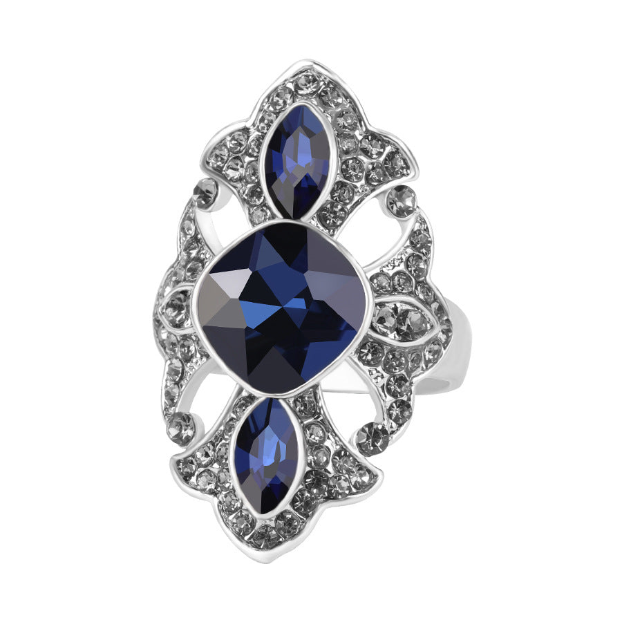 Blue Crystal and Cubic Zirconia Crown Band Ring, statement rings for women, everyday style, front view