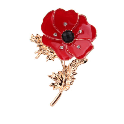 Red Enamel and Black Cubic Zirconia 18K Gold-Plated Flower Brooch, gold brooch pin, elegant gift for her, front view