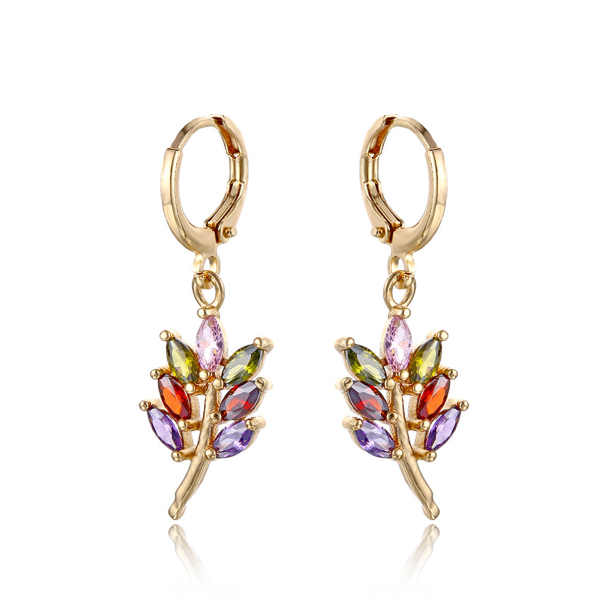 Multicolor Crystal and 18K Gold-Plated Salix Leaf Drop Earrings, gold drop earrings for women, botanical inspired, front view