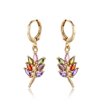 Multicolor Crystal and 18K Gold-Plated Salix Leaf Drop Earrings, gold drop earrings for women, botanical inspired, front view