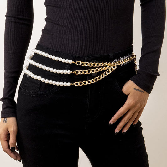 Pearl and 18K Gold-Plated Beaded Layered Waist Chain, gold pendant necklace for women, everyday style, front view