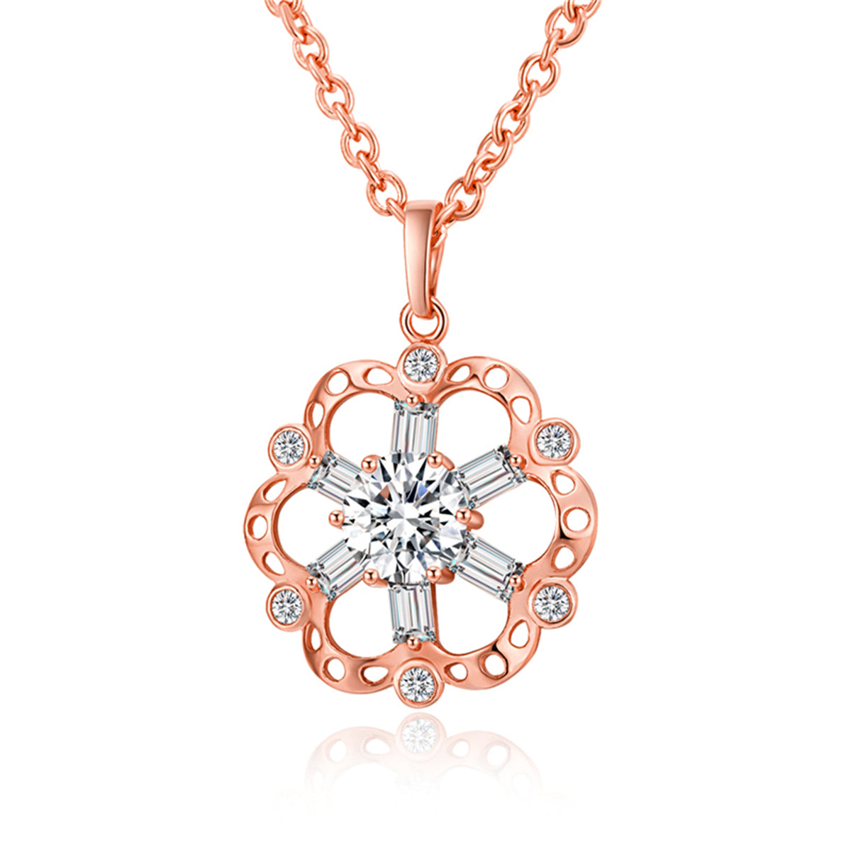 Crystal and 18K Rose Gold-Plated Hollow Floral Pendant Necklace, rose gold pendant necklace for women, front view