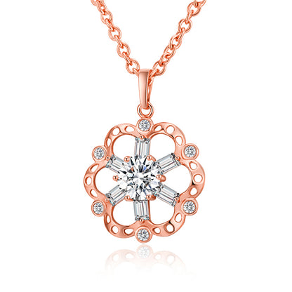 Crystal and 18K Rose Gold-Plated Hollow Floral Pendant Necklace, rose gold pendant necklace for women, front view