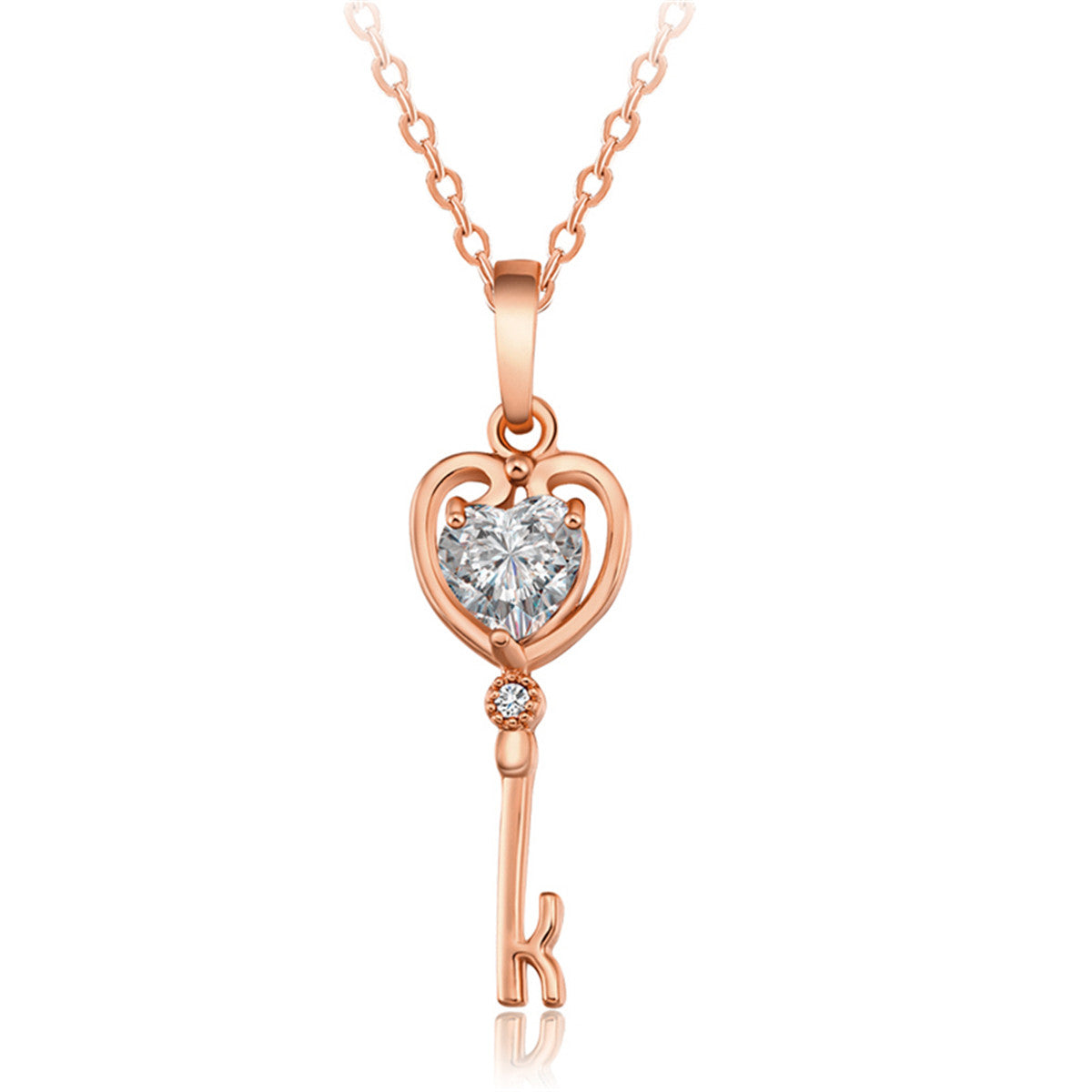 White Crystal and 18K Rose Gold-Plated Key Pendant Necklace, rose gold pendant necklace for women, everyday style, front view
