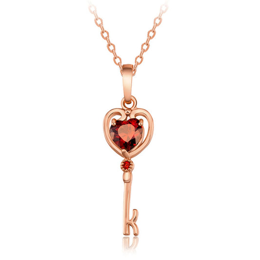 Red Crystal and 18K Rose Gold-Plated Heart Key Pendant Necklace, rose gold pendant necklace for women, front view