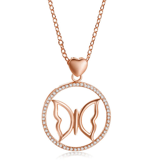 Cubic Zirconia and 18K Rose Gold-Plated Butterfly Pendant Necklace, rose gold pendant necklace for women, front view