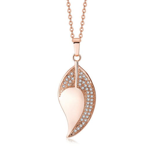 Cubic Zirconia and 18K Rose Gold-Plated Leaf Pendant Necklace, rose gold pendant necklace for women, front view