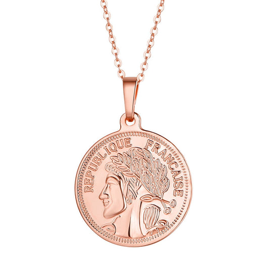 18K Rose Gold-Plated Republique Coin Pendant Necklace, rose gold pendant necklace for women, front view