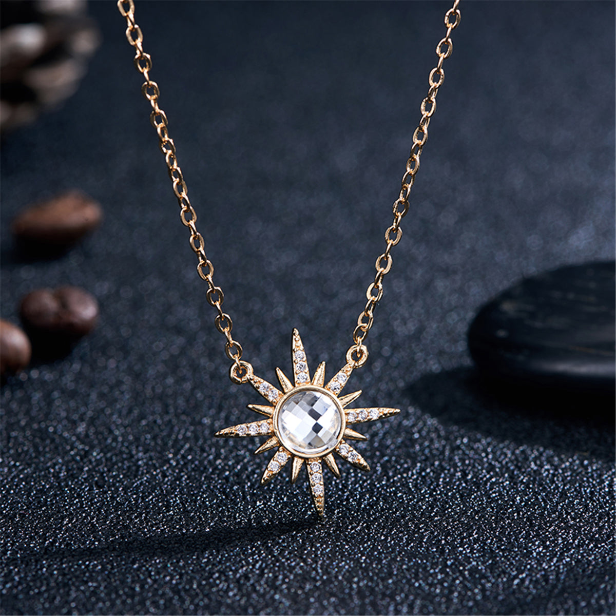 Crystal and Cubic Zirconia Sun Pendant Necklace, pendant necklace for women, elegant gift for her, detail close-up