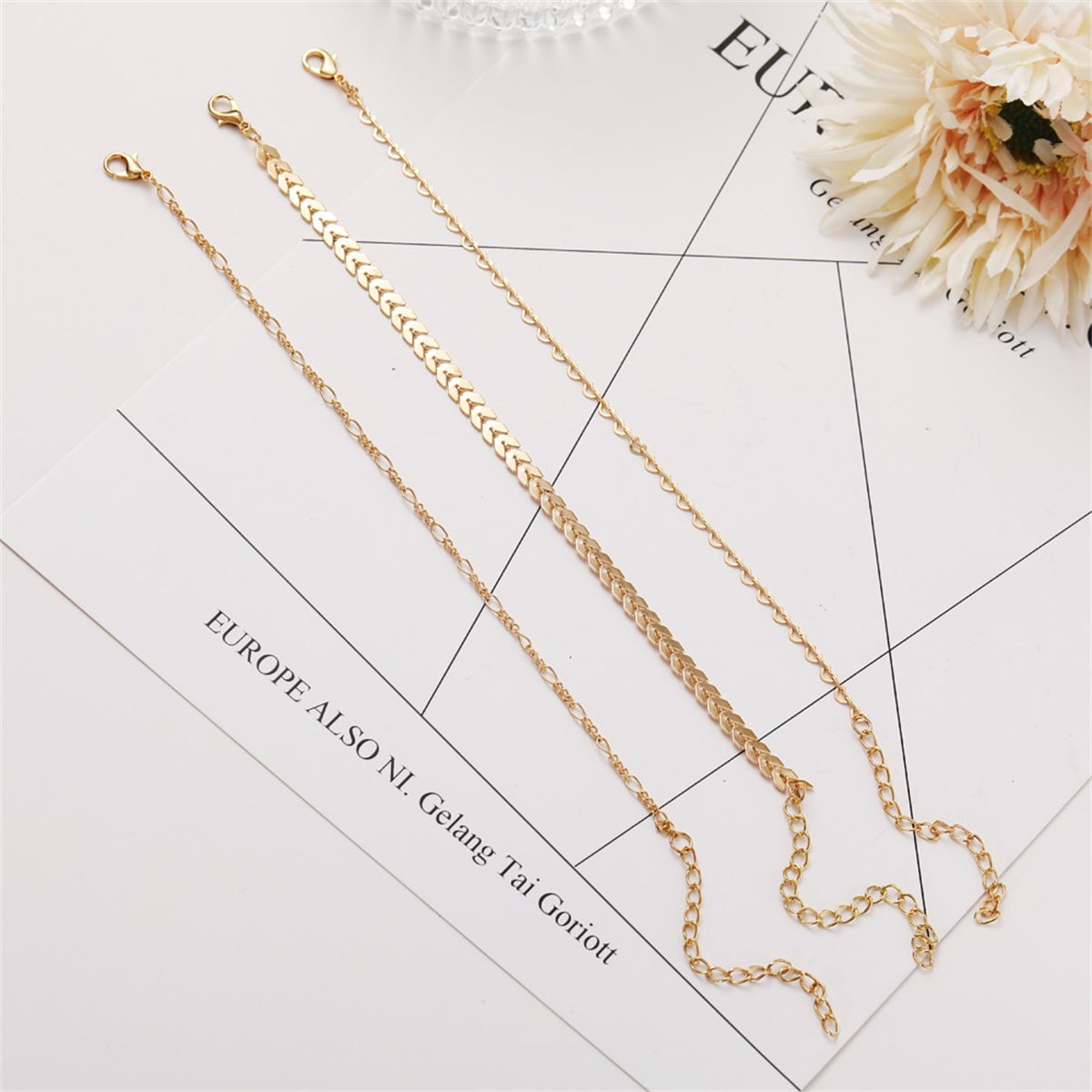 18K Gold-Plated Linked Open Heart Wheat Anklet Set