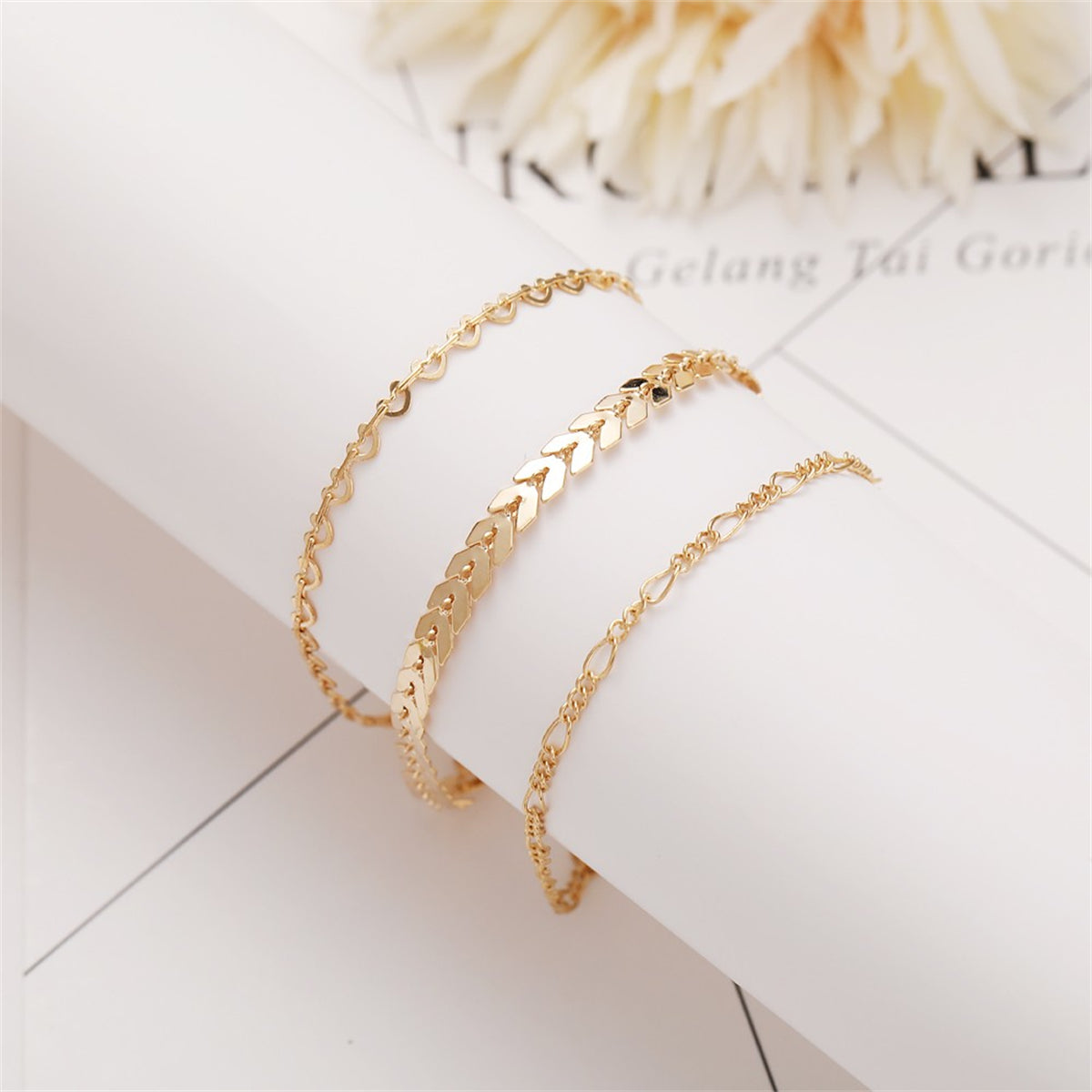 18K Gold-Plated Linked Open Heart Wheat Anklet Set, jewelry gift sets for women, everyday style, front view