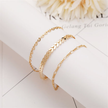 18K Gold-Plated Linked Open Heart Wheat Anklet Set, jewelry gift sets for women, everyday style, front view