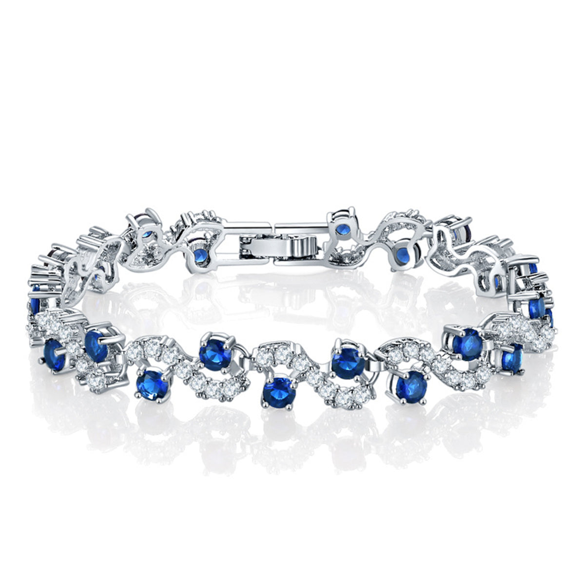 Cubic Zirconia & Blue Crystal Prong Crossing Line Tennis Bracelet