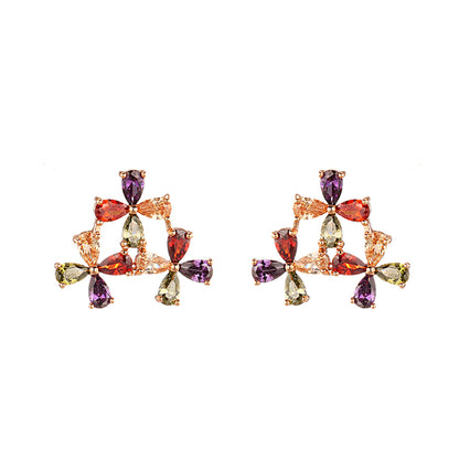 Multicolor Crystal and 18K Rose Gold-Plated Triple Flower Stud Earrings, cubic zirconia stud earrings for women, side view