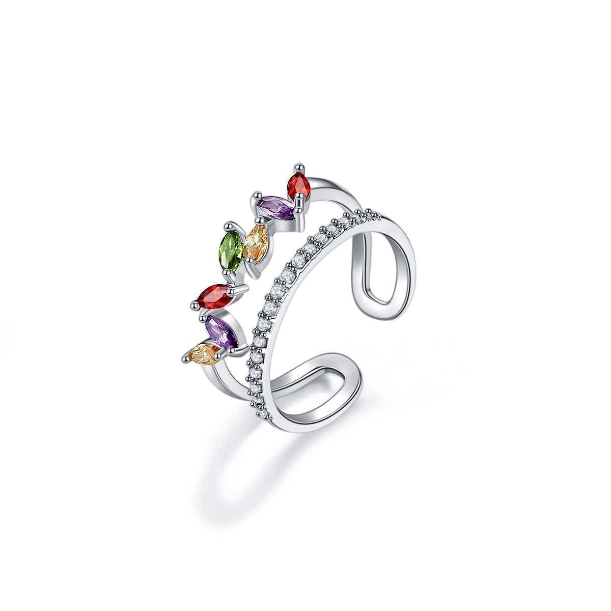 Jewel-Tone Crystal and Cubic Zirconia Pear Bypass Ring, statement rings for women, dainty minimalist design, detail close-up