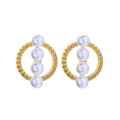 Pearl and 18K Gold-Plated Circle Stud Earrings, gold stud earrings for women, botanical inspired, side view