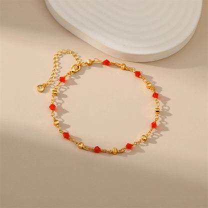 Red Acrylic and 18K Gold-Plated Beaded Station Anklet, gold anklet bracelet, botanical inspired, detail close-up