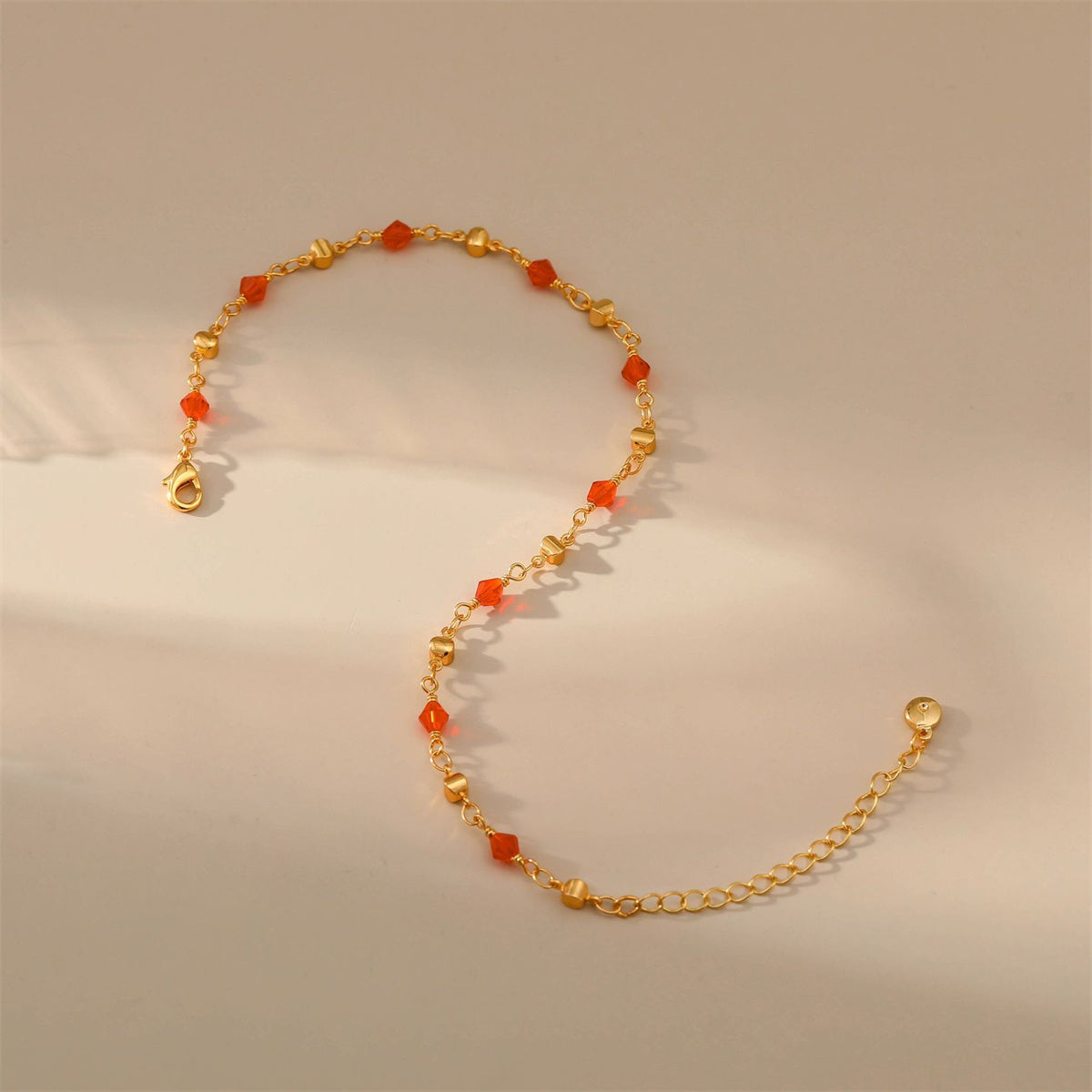 Red Acrylic and 18K Gold-Plated Beaded Station Anklet, gold anklet bracelet, botanical inspired, side view