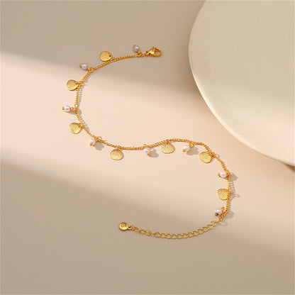Pearl and 18K Gold-Plated Shell Station Anklet, gold anklet bracelet, elegant gift for her, side view