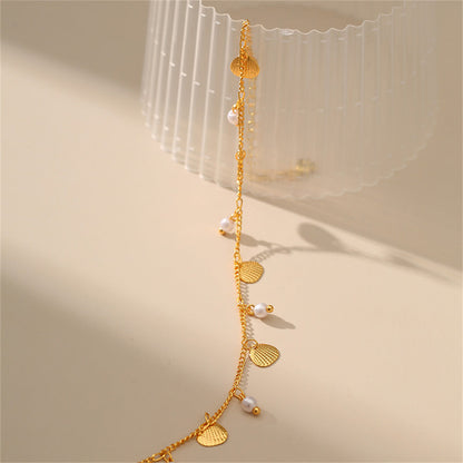 Pearl and 18K Gold-Plated Shell Station Anklet, gold anklet bracelet, elegant gift for her, styled look