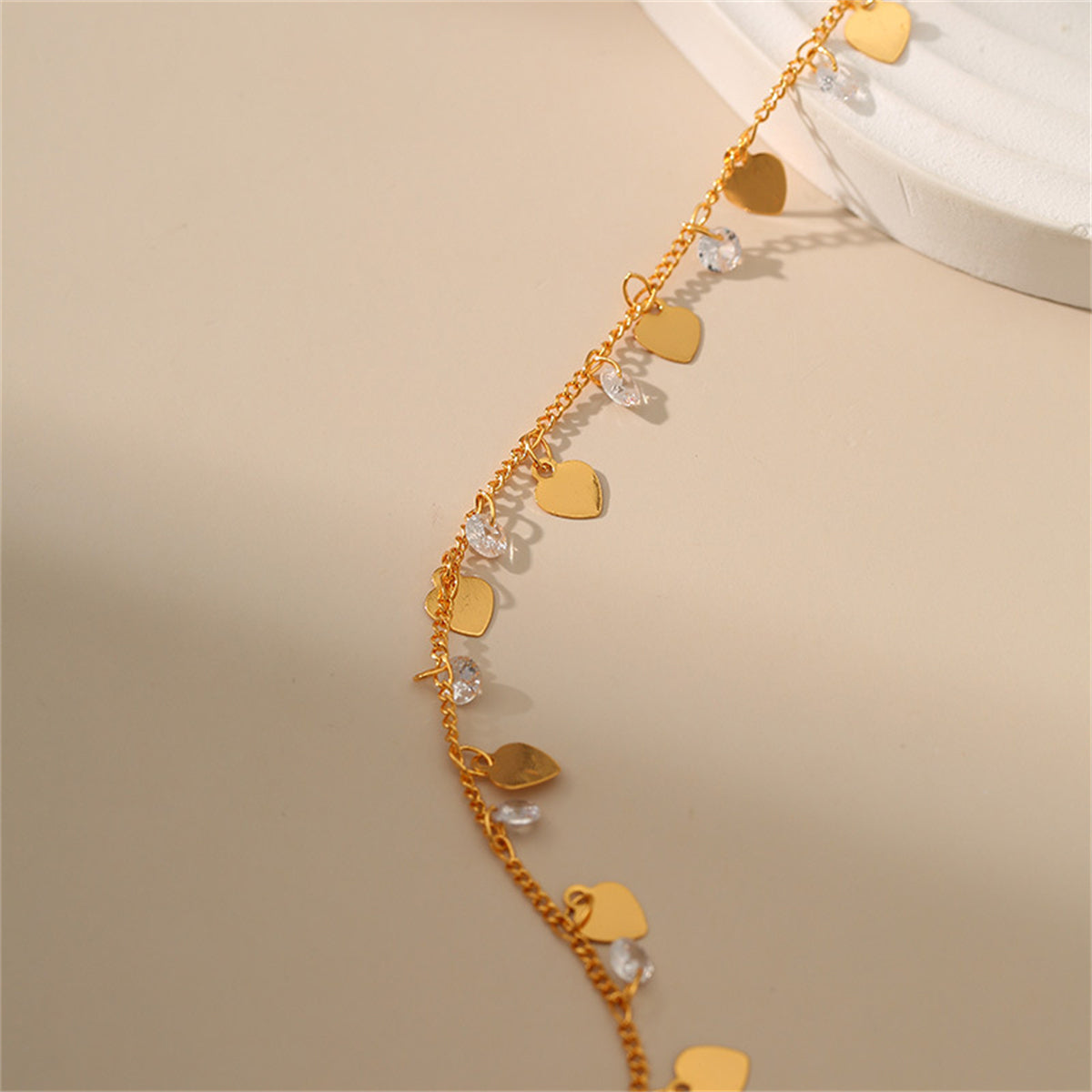 Cubic Zirconia & 18K Gold-Plated Heart Station Anklet