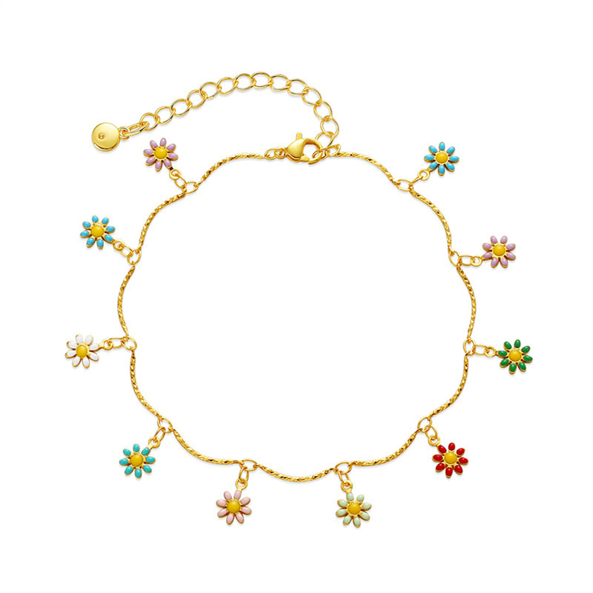 Yellow Enamel and 18K Gold-Plated Multicolor Daisy Charm Anklet, gold anklet bracelet, everyday style, front view