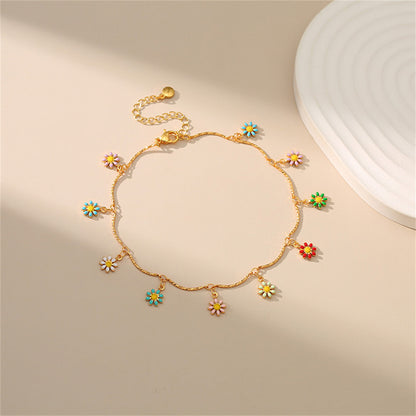 Yellow Enamel and 18K Gold-Plated Multicolor Daisy Charm Anklet, gold anklet bracelet, everyday style, detail close-up