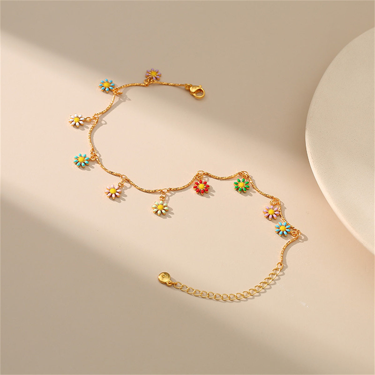 Yellow Enamel & 18K Gold-Plated Multicolor Daisy Charm Anklet