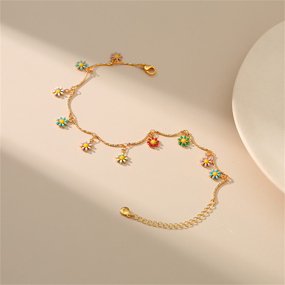 Yellow Enamel and 18K Gold-Plated Multicolor Daisy Charm Anklet, gold anklet bracelet, everyday style, lifestyle look