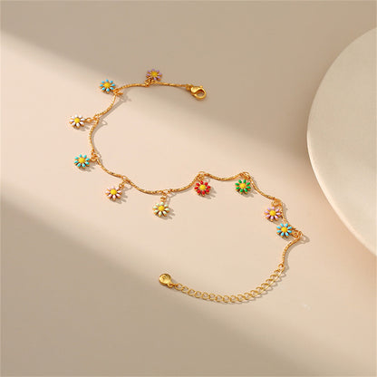 Yellow Enamel and 18K Gold-Plated Multicolor Daisy Charm Anklet, gold anklet bracelet, everyday style, lifestyle look
