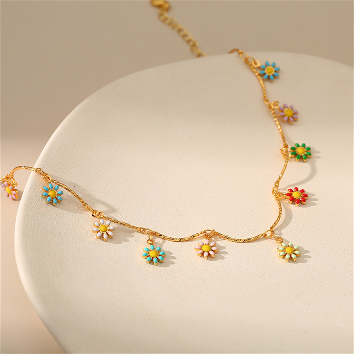Yellow Enamel & 18K Gold-Plated Multicolor Daisy Charm Anklet