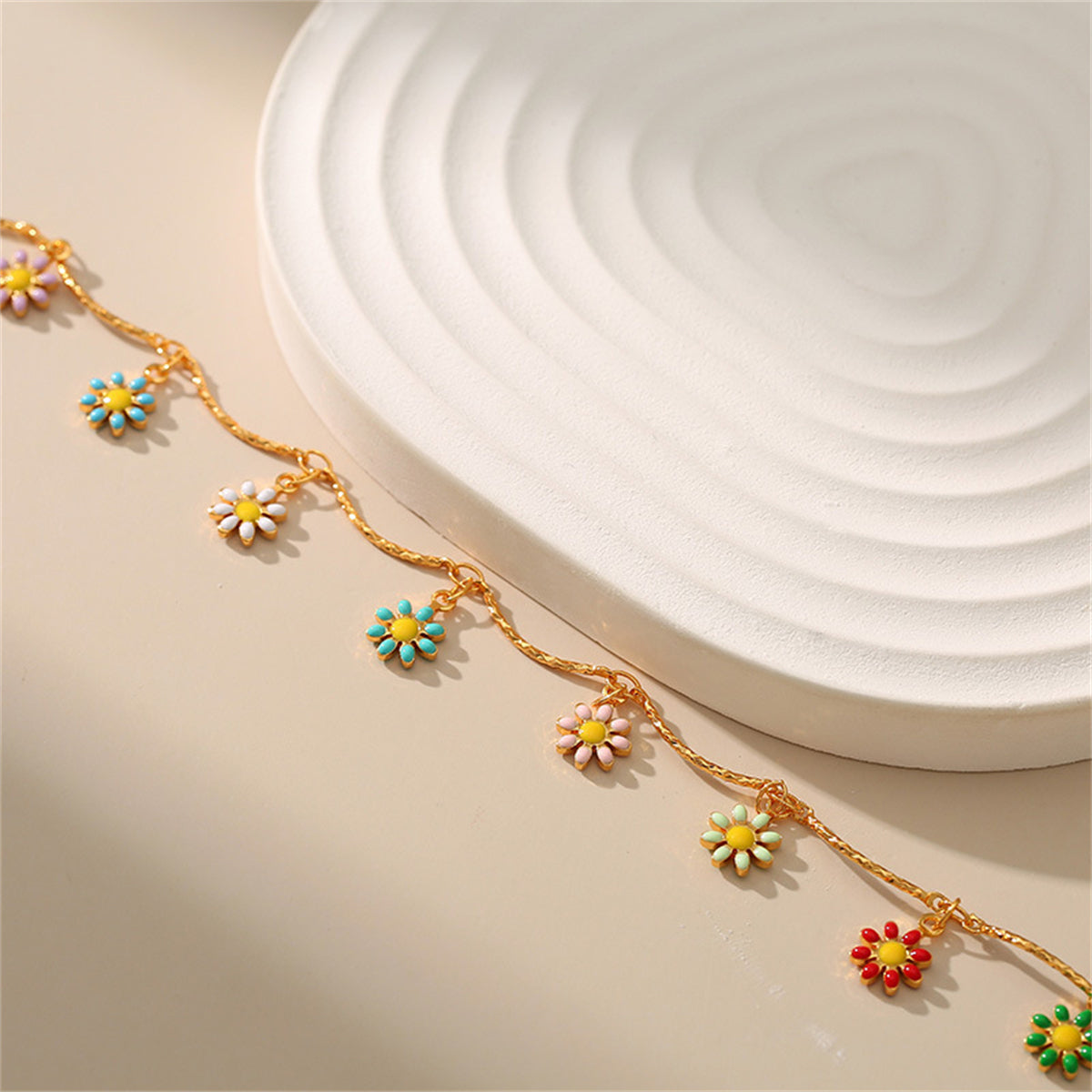 Yellow Enamel & 18K Gold-Plated Multicolor Daisy Charm Anklet