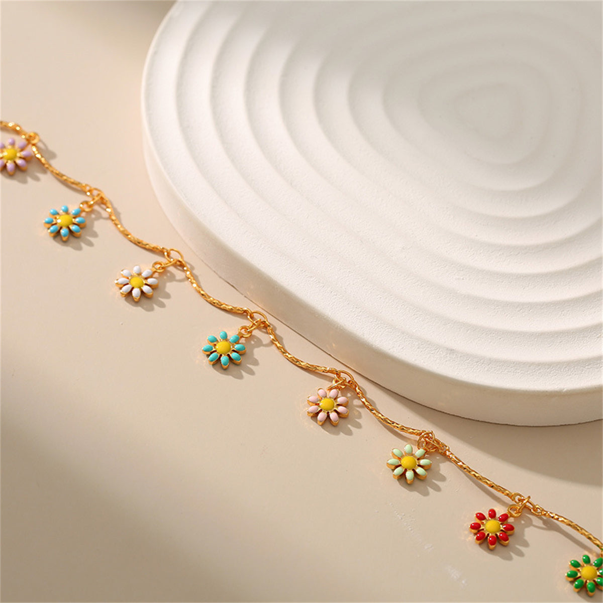 Yellow Enamel and 18K Gold-Plated Multicolor Daisy Charm Anklet, gold anklet bracelet, everyday style, side view