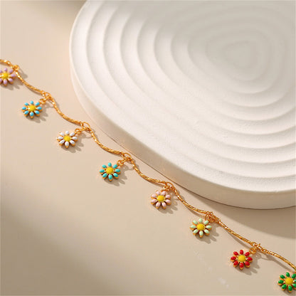 Yellow Enamel and 18K Gold-Plated Multicolor Daisy Charm Anklet, gold anklet bracelet, everyday style, side view