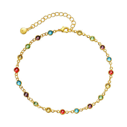 Rainbow Crystal and 18K Gold-Plated Beaded Anklet, gold anklet bracelet, dainty minimalist design, front view