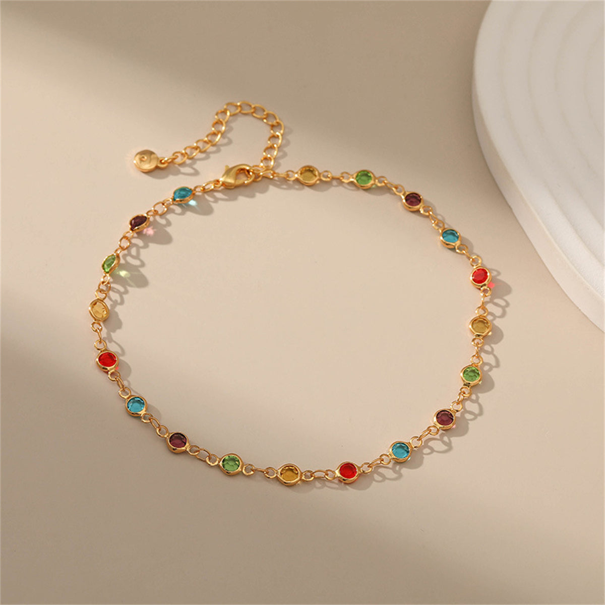 Rainbow Crystal and 18K Gold-Plated Beaded Anklet, gold anklet bracelet, dainty minimalist design, detail close-up