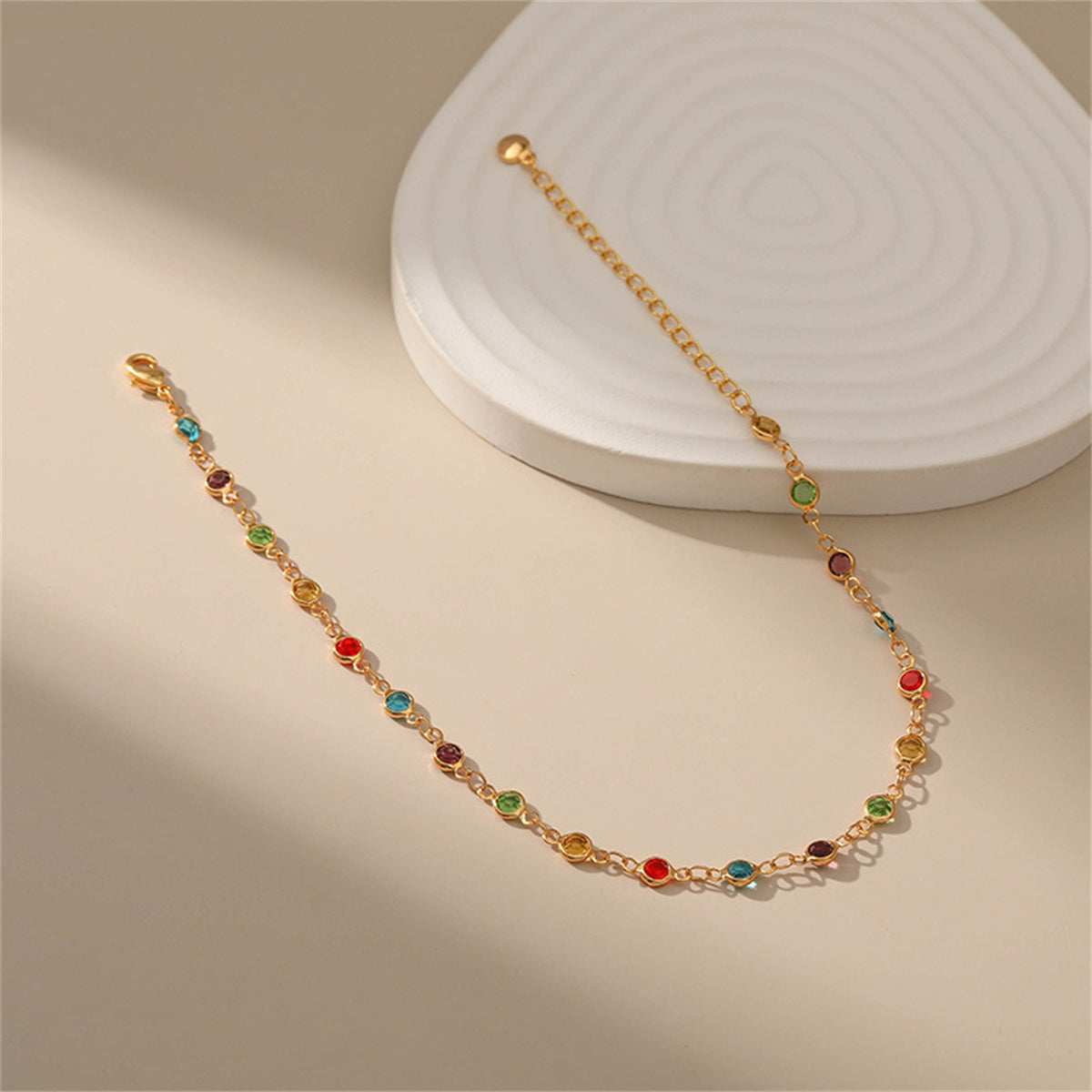 Rainbow Crystal and 18K Gold-Plated Beaded Anklet, gold anklet bracelet, dainty minimalist design, side view