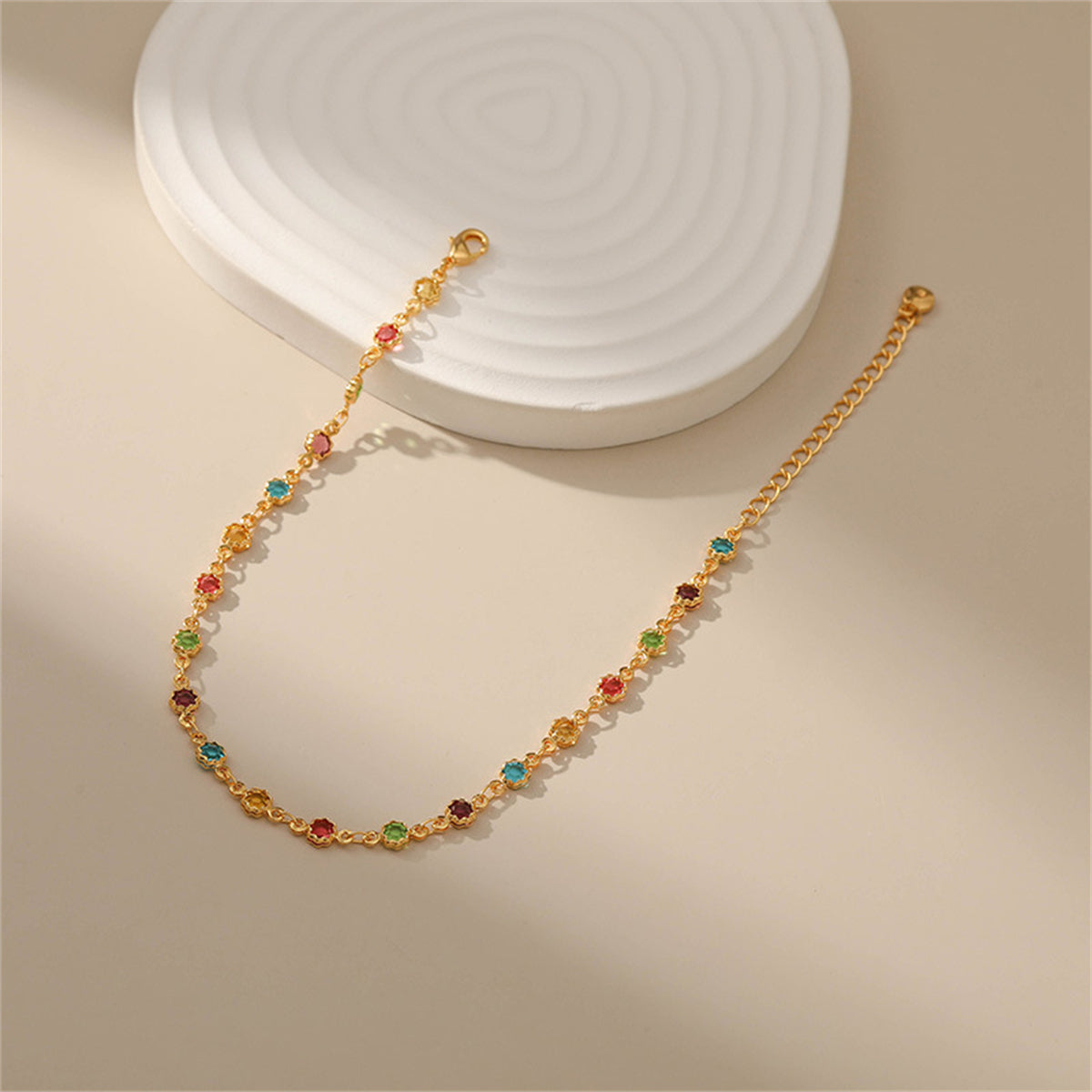 Cubic Zirconia & 18K Gold-Plated Multicolor Floral Station Anklet