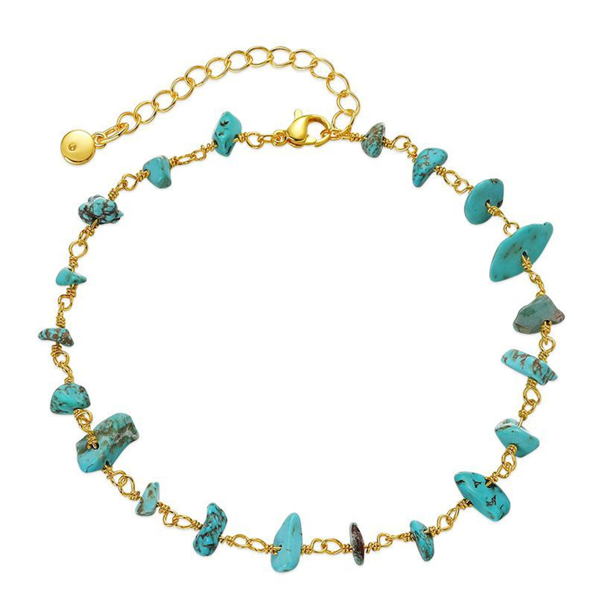 Turquoise and 18K Gold-Plated Anklet, gold anklet bracelet, dainty minimalist design, front view