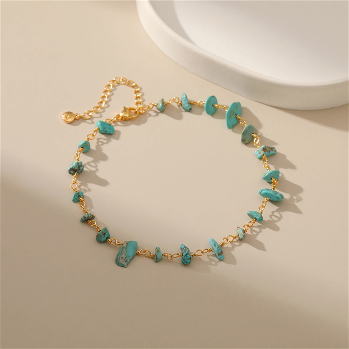 Turquoise and 18K Gold-Plated Anklet, gold anklet bracelet, dainty minimalist design, detail close-up