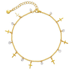Cubic Zirconia & 18K Gold-Plated Cross Station Anklet
