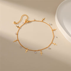 Cubic Zirconia & 18K Gold-Plated Cross Station Anklet