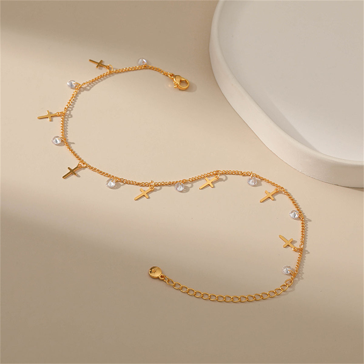 Cubic Zirconia & 18K Gold-Plated Cross Station Anklet
