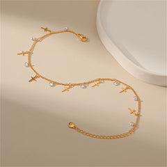 Cubic Zirconia & 18K Gold-Plated Cross Station Anklet