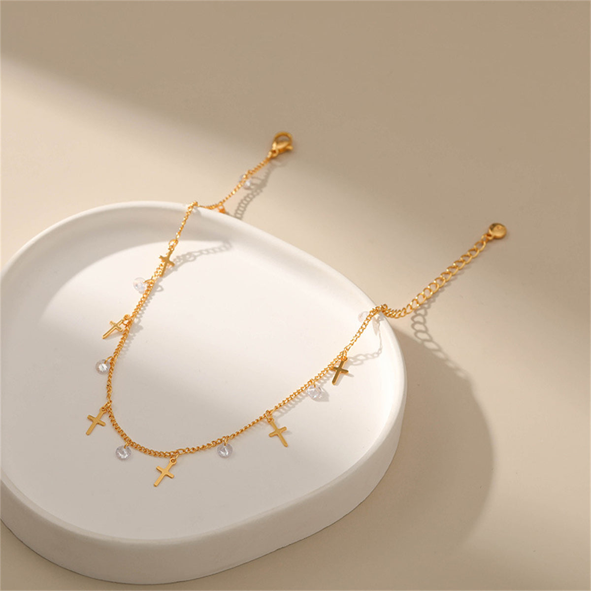 Cubic Zirconia & 18K Gold-Plated Cross Station Anklet