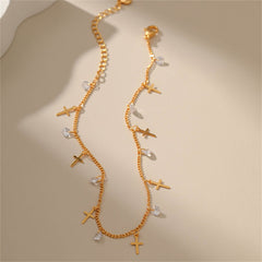 Cubic Zirconia & 18K Gold-Plated Cross Station Anklet