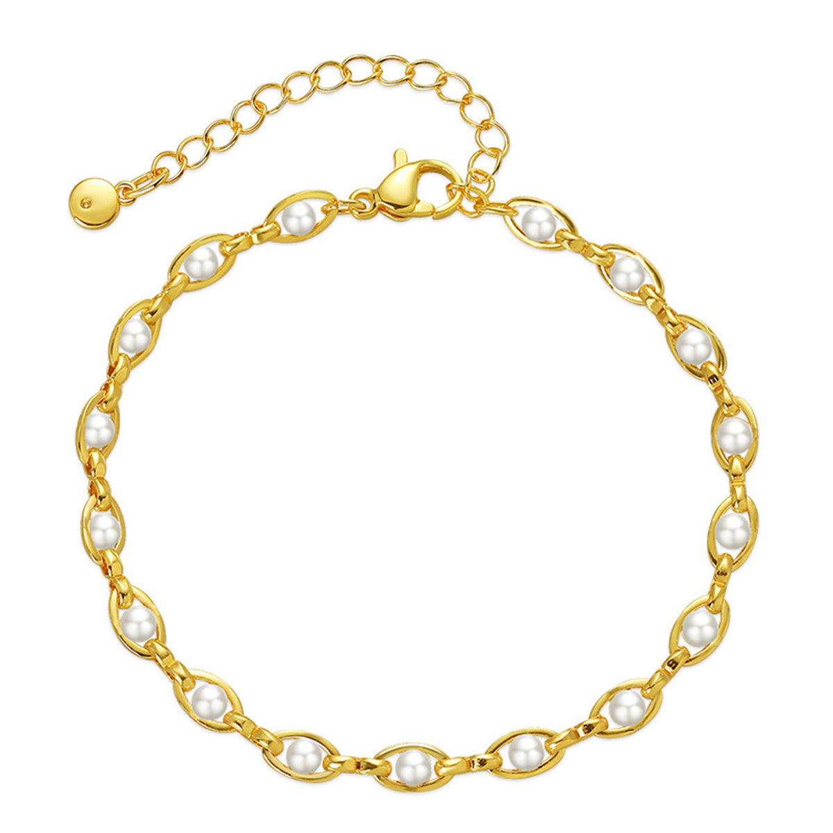 White Pearl and 18K Gold-Plated Oval Station Anklet, gold anklet bracelet, dainty minimalist design, front view